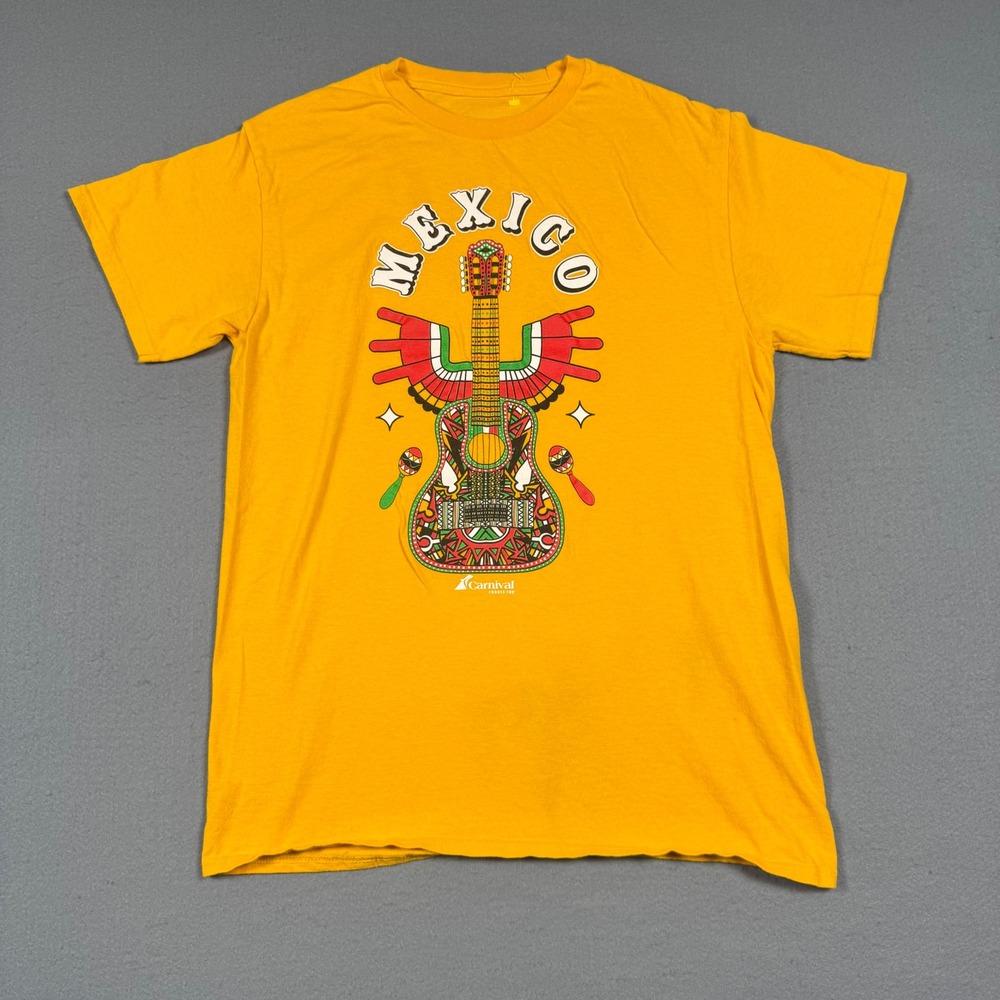 Carnival Cruise Line Mexico Graphic Tee Mens M Yellow Cotton Aztec Guitar Shirt